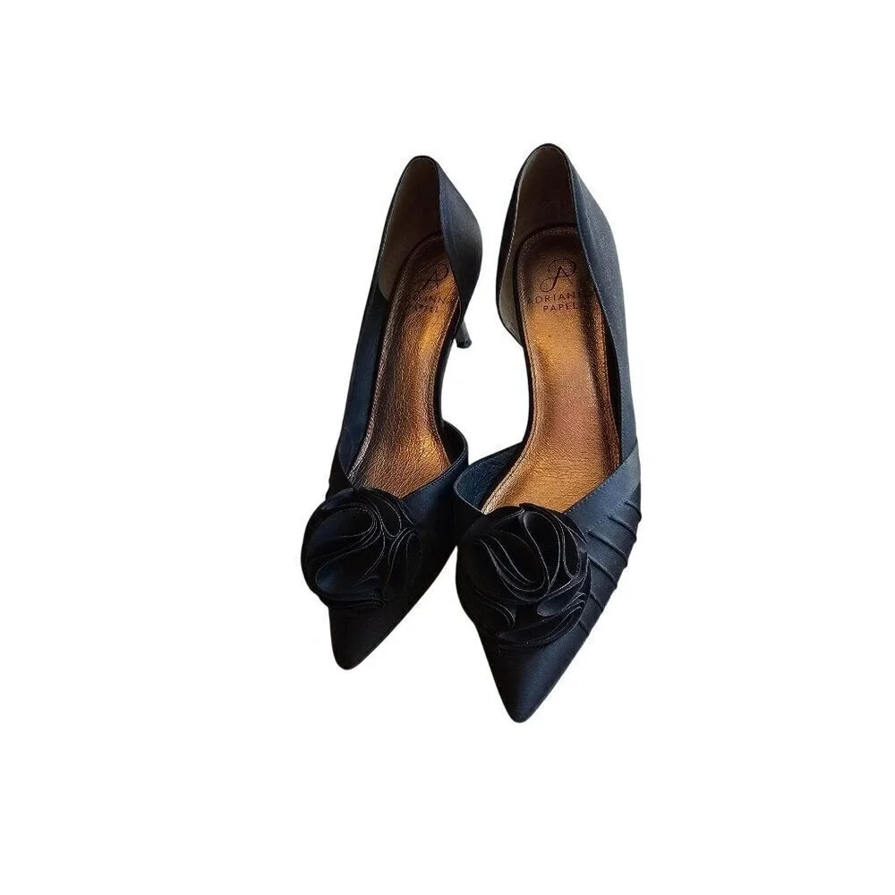 Black Satin Peep Toe Heels With Rosette Detail 3.5